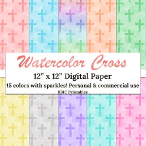 Watercolor Cross Digital Paper- INSTANT DOWNLOAD, 12x12 15 Colors Sparkle Watercolor Cross Christian Pattern Printable Paper Commercial Use