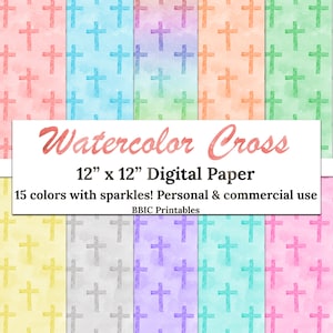 Watercolor Cross Digital Paper- INSTANT DOWNLOAD, 12x12 15 Colors Sparkle Watercolor Cross Christian Pattern Printable Paper Commercial Use