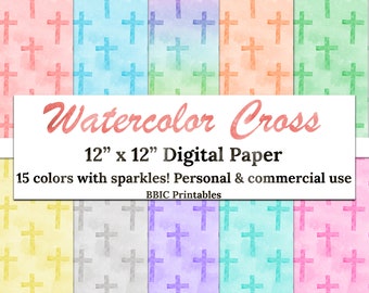 Watercolor Cross Digital Paper- INSTANT DOWNLOAD, 12x12 15 Colors Sparkle Watercolor Cross Christian Pattern Printable Paper Commercial Use