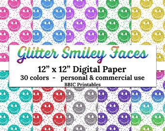 Smiley Emoji Glitter Digitaal Papier- INSTANT DOWNLOAD, 12x12 Glittery Confetti Smile Emjoi Happy Emoticon Vele Kleuren Afdrukbare JPG Papier