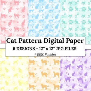 Cat Watercolor Digital Paper- INSTANT DOWNLOAD, 12x12 Printable Cute Cats Kitty Paw Print Pattern Scrapbook Card-Making- Personal Use