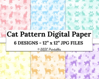 Cat Watercolor Digital Paper- INSTANT DOWNLOAD, 12x12 Printable Cute Cats Kitty Paw Print Pattern Scrapbook Card-Making- Personal Use