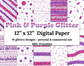 Pink & Purple Glitter Digital Paper- INSTANT DOWNLOAD, 12x12 Pink Purple Glitter Patterns Confetti Stripes Designs Seamless Paper JPG Print