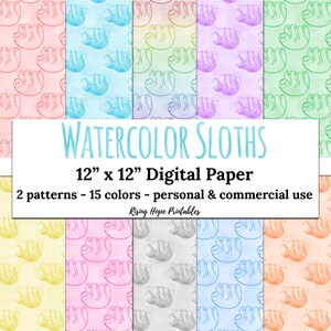 Watercolor Sloth Digital Paper- INSTANT DOWNLOAD, 12x12 15 Colors Watercolor Cute Sloth Animal Two Patterns Printable Background Paper JPG