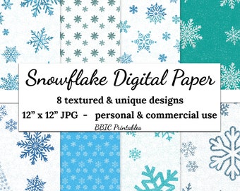 Snowflake Digital Paper- INSTANT DOWNLOAD, 12x12 Printable Glittery Textured Blue & Teal Snowflake Snowy Winter Scrapbooking Printable JPG