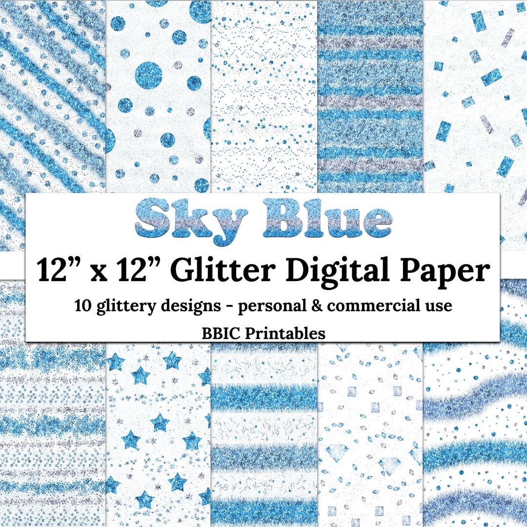 Sky Blue Digital Paper- INSTANT DOWNLOAD, 12x12 Sky Blue Silver Color Scheme Glitter Patterns ...