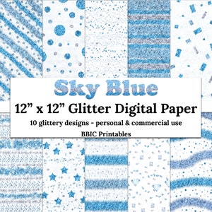 Sky Blue Digital Paper- INSTANT DOWNLOAD, 12x12 Sky Blue Silver Color Scheme Glitter Patterns Confetti Stripes Stars Seamless Scrapbook JPG