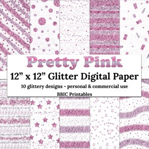 Hübsches Rosa Digitales Papier- INSTANT DOWNLOAD, 12x12 Light Medium Glitzer Rosa Farben Muster Konfetti Streifen Sterne Glitzer Staub Seamless JPG