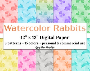 Watercolor Rabbit Digital Paper- INSTANT DOWNLOAD, 12x12 Watercolor Rabbit Bunny Hearts Carrots Grass Animal Pattern Printable Paper JPG