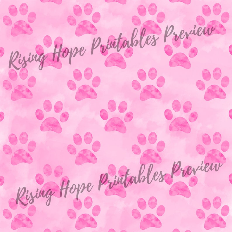 May include: A seamless pattern featuring pink watercolor paw prints on a light pink background. The text "Rising Hope Printables Preview" is visible in the image.