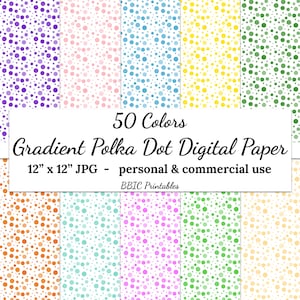Pode incluir: 50 papéis digitais com padrões de bolinhas degradê em várias cores. Cada papel mede 12 polegadas por 12 polegadas.