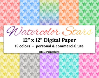 Aquarell Sterne Digitales Papier- INSTANT DOWNLOAD, 12x12 15 Farben Aquarell Kleine Sterne Regenbogen Muster Druckbares Papier JPG Kommerzielle Nutzung