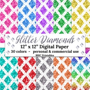 Glitter Diamonds Digital Paper- INSTANT DOWNLOAD, 12x12 30 Colors Glittery Diamonds Geometric Shapes Pattern Printable Paper Commercial Use