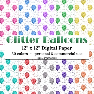 Glitter Balloons Digital Paper- INSTANT DOWNLOAD, 12x12 Glittery Confetti 30 Bold Colors Balloons Kids Party Printable Scrapbook JPG Paper