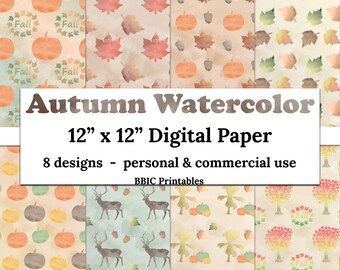 Autumn Watercolor Digital Paper- INSTANT DOWNLOAD, 12x12 Watercolor Autumn Fall Leaf Pumpkin Deer Scarecrow Tree Pattern Printable Paper JPG