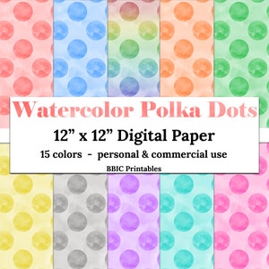 May include: A digital paper pack with 15 watercolor polka dot patterns in various colors. Each pattern is 12 inches by 12 inches and can be used for personal and commercial projects.