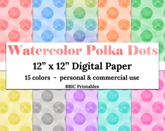 Watercolor Large Polka Dots Paper- INSTANT DOWNLOAD, 12x12 15 Colors Watercolor Polka Dots Pattern Printable Paper JPG Commercial Use