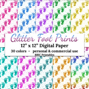 Glitter Foot Prints Papel Digital - DOWNLOAD INSTANTÂNEO, 12x12 30 Cores Brilhantes Pés de Bebê Foot Prints Livro de Bebê Papel para Impressão Padrão JPG