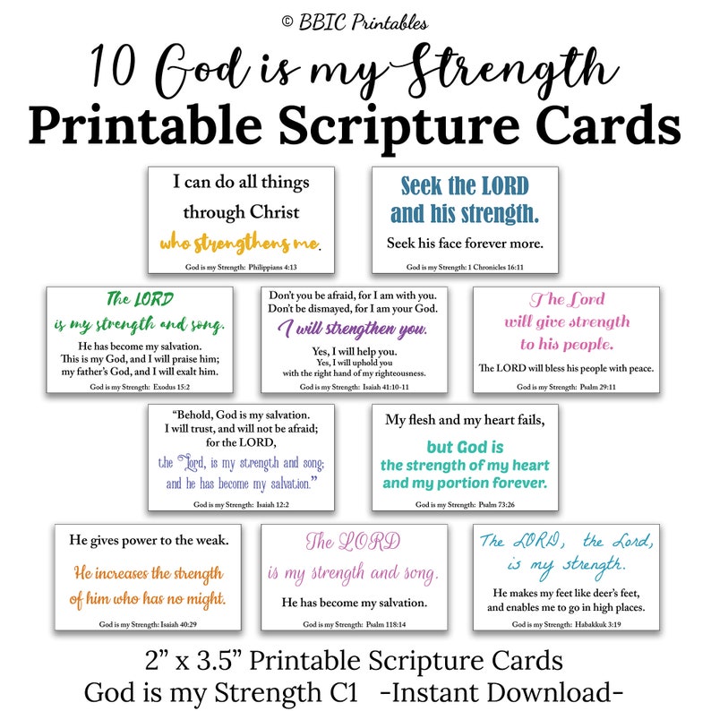 10 God is My Strength Printable Scripture Cards C1 INSTANT DOWNLOAD, God Strengthens Me Bible ...