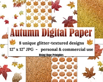 Autumn Fall Digital Paper- INSTANT DOWNLOAD, Autumn Fall Glitter Falling Leaves Pumpkins acorns Paper 12x12 JPG Printable Commercial Use