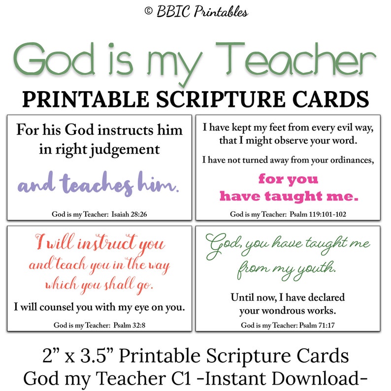 10 God is My Teacher Printable Scripture Cards -C1- INSTANT DOWNLOAD ...