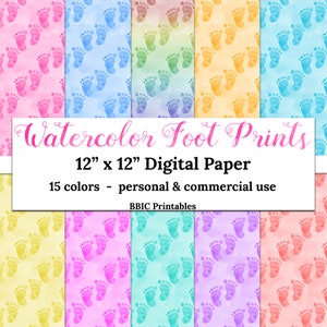 Papel para impressões de pés em aquarela - DOWNLOAD INSTANTÂNEO, 12x12 15 cores Padrão de impressões de pés de bebê em aquarela Papel para impressão JPG Uso comercial