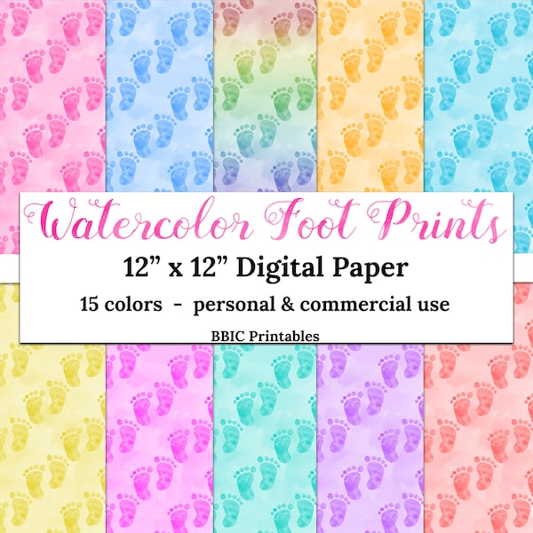 Watercolor Foot Prints Paper- INSTANT DOWNLOAD, 12x12 15 Colors Watercolor Baby Feet Foot Prints Pattern Printable Paper JPG Commercial Use