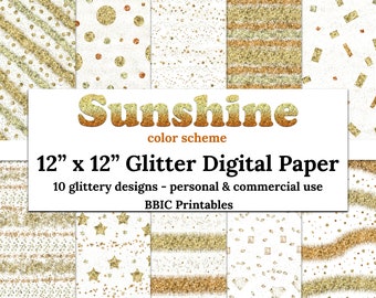 Digitalt papper med solsken - DIREKT NEDLADDNING, 12x12 solsken gul orange färgschema glittermönster konfettiränder sommar sömlösa papper