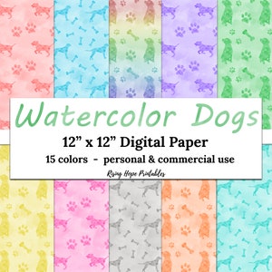 Watercolor Dog Digital Paper- INSTANT DOWNLOAD, 12x12 15 Colors Watercolor Medium Large Short Hair Retriever Dog Pattern Printable Paper JPG
