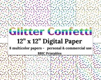 Glitter Confetti Digital Paper- INSTANT DOWNLOAD, 12x12 Printable Confetti Multicolor Party Fun Celebratory Scrapbooking Paper Printable JPG