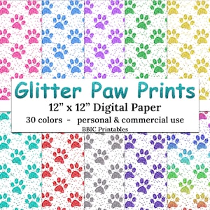 Paw Prints Glitter Digital Paper- INSTANT DOWNLOAD, 12x12 Glittery Confetti Paw Prints Cat Paw Dog Paw Many Colors Printable JPG Paper