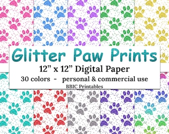 Paw Prints Glitter Digital Paper- INSTANT DOWNLOAD, 12x12 Glittery Confetti Paw Prints Cat Paw Dog Paw Many Colors Printable JPG Paper