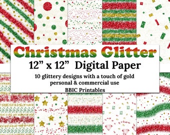 Christmas Glitter Digital Paper- INSTANT DOWNLOAD, 12x12 Christmas Holiday Festive Glitter Confetti Stripes Pattern Seamless Paper JPG Print