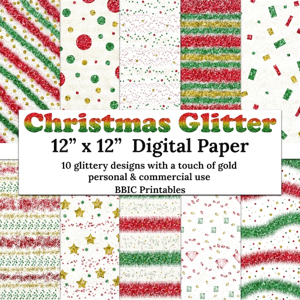 Christmas Glitter Digital Paper- INSTANT DOWNLOAD, 12x12 Christmas Holiday Festive Glitter Confetti Stripes Pattern Seamless Paper JPG Print