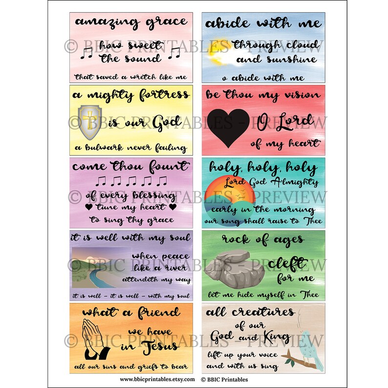 10 Mini Printable Hymn Lyric Cards hymn Lyric Collection 1 - Etsy