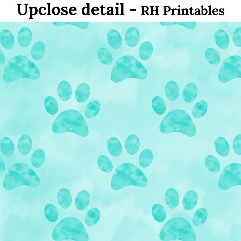 May include: A seamless pattern featuring aqua blue paw prints on a light blue background. The paw prints are watercolor style and have a soft, faded look.