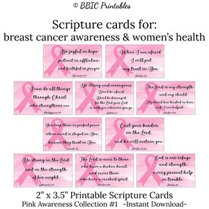 May include: Printable scripture cards with pink ribbon designs and inspirational quotes about hope, strength, and faith. The cards are 2 inches by 3.5 inches and are part of a pink awareness collection.