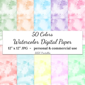 50 Watercolor Digital Papers- INSTANT DOWNLOAD, 12x12 Jpg Printable Watercolor All Colors Scrapbook Digital Paper Personal & Commercial Use