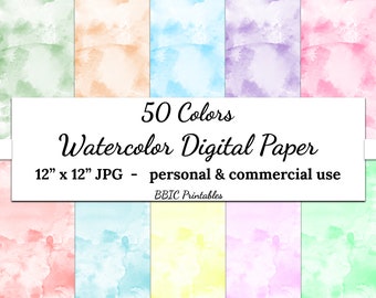 50 Watercolor Digital Papers- INSTANT DOWNLOAD, 12x12 Jpg Printable Watercolor All Colors Scrapbook Digital Paper Personal & Commercial Use