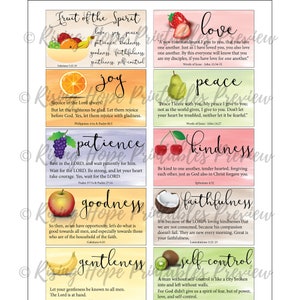 K&ouml;nnte beinhalten: Ein Satz von 10 druckbaren Karten mit Fr&uuml;chten und den Fr&uuml;chten des Geistes. Jede Karte zeigt eine andere Frucht und einen Bibelvers &uuml;ber Liebe, Freude, Frieden, Geduld, Freundlichkeit, G&uuml;te, Treue, Sanftmut und Selbstbeherrschung.