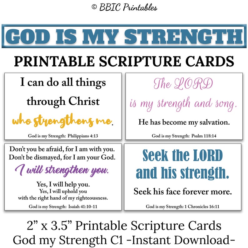 10 God is My Strength Printable Scripture Cards C1 INSTANT DOWNLOAD, God Strengthens Me Bible ...