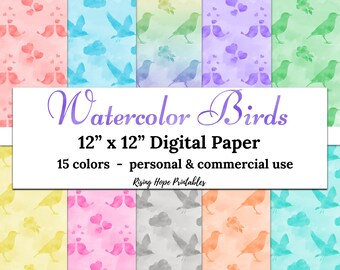 Aquarell Vogel Digitales Papier- SOFORT DOWNLOAD, 12x12 15 Farben Aquarell Liebe Vögel Wolke Blumen Muster Vogel Designs Druckbares Papier JPG
