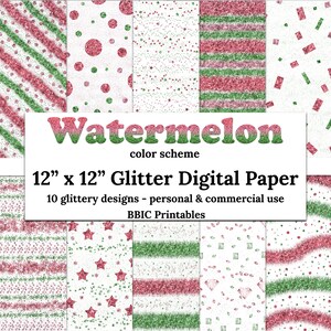 Watermelon Digital Paper- INSTANT DOWNLOAD, 12x12 Watermelon Color Scheme Glitter Pattern Confetti Stripes Stars Summer Prints Seamless JPG