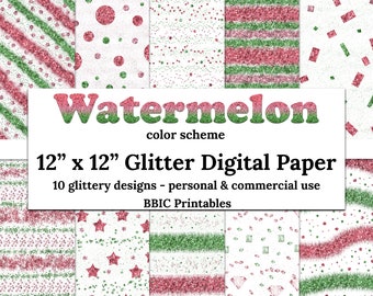 Watermelon Digital Paper- INSTANT DOWNLOAD, 12x12 Watermelon Color Scheme Glitter Pattern Confetti Stripes Stars Summer Prints Seamless JPG