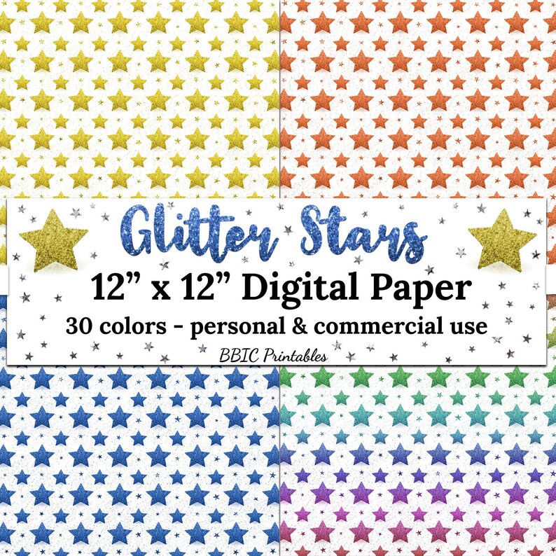 Glitter Stars Digital Paper INSTANT DOWNLOAD, 12x12 Glittery Stars