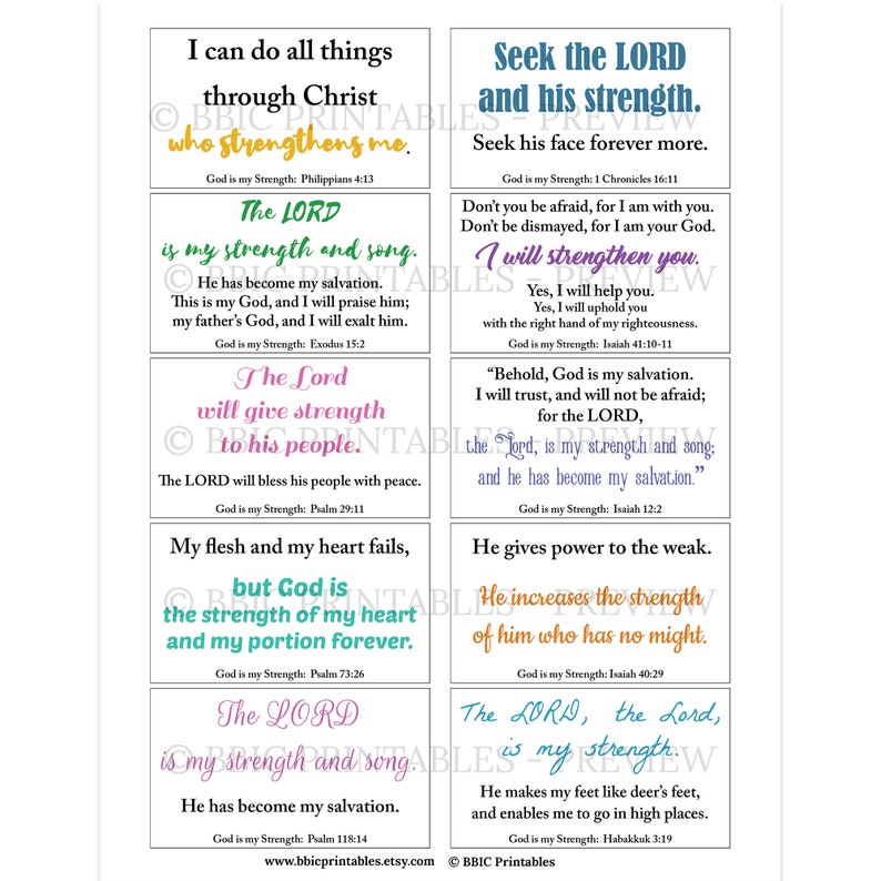 10 God is My Strength Printable Scripture Cards C1 INSTANT DOWNLOAD ...