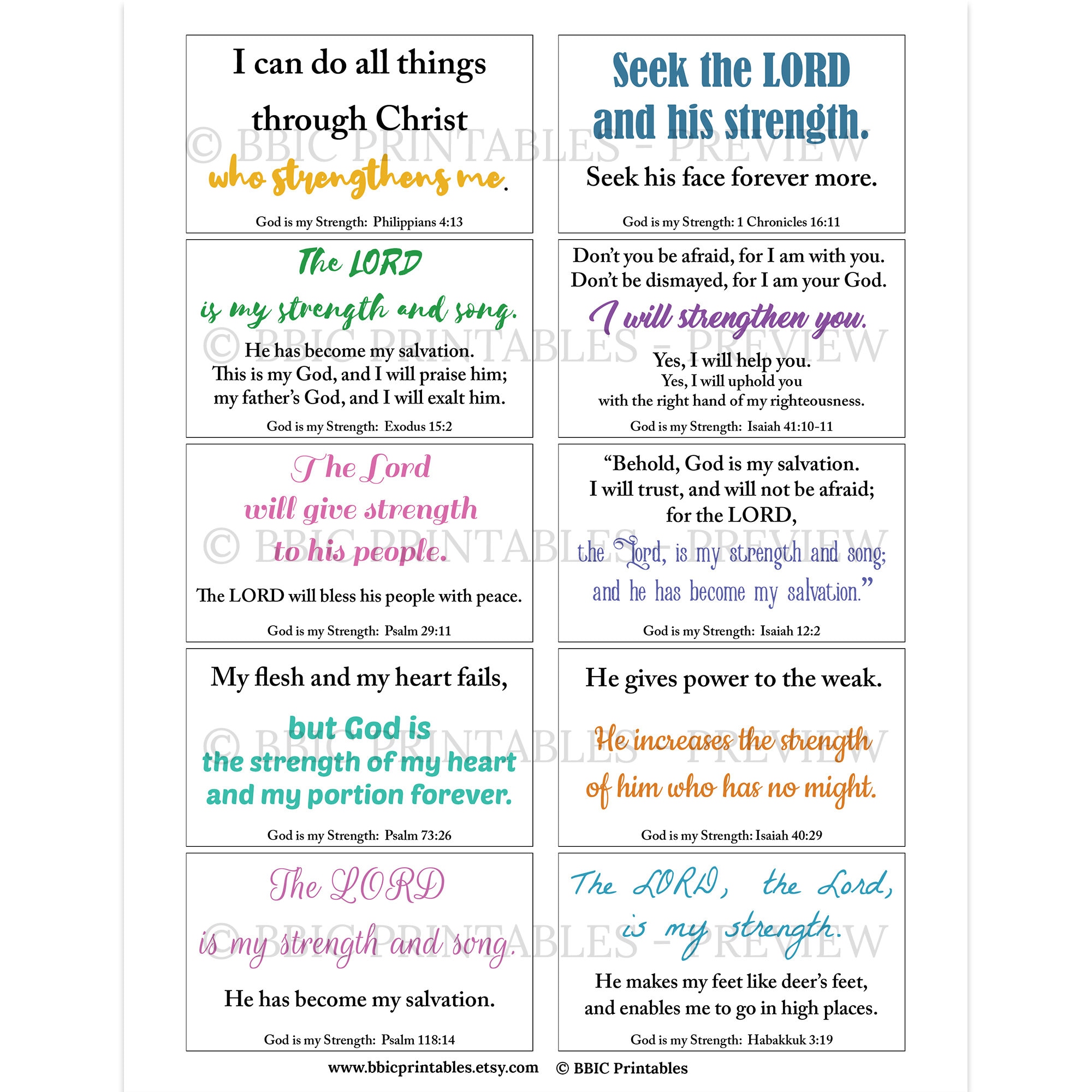 10 God is My Strength Printable Scripture Cards C1 INSTANT DOWNLOAD ...
