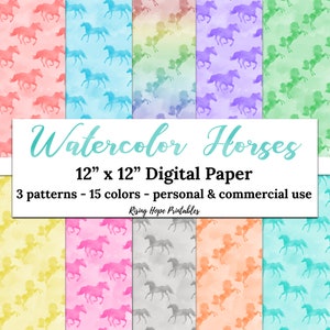 Watercolor Horse Digital Paper- INSTANT DOWNLOAD, 12x12 15 Colors Watercolor Horse Pony Western Cowgirl Cowboy Pattern Printable Paper JPG