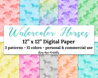 Watercolor Horse Digital Paper- INSTANT DOWNLOAD, 12x12 15 Colors Watercolor Horse Pony Western Cowgirl Cowboy Pattern Printable Paper JPG