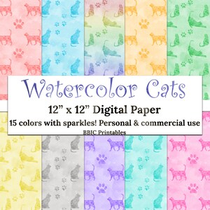 Watercolor Cat Digital Paper- INSTANT DOWNLOAD, 12x12 15 Colors Sparkle Watercolor Cat Pattern Printable Paper JPG Personal & Commercial Use